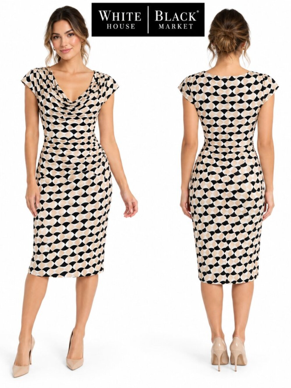 White House Black Market Geometric Cowl Neck Ruched Sheath Dress Tan Black 4